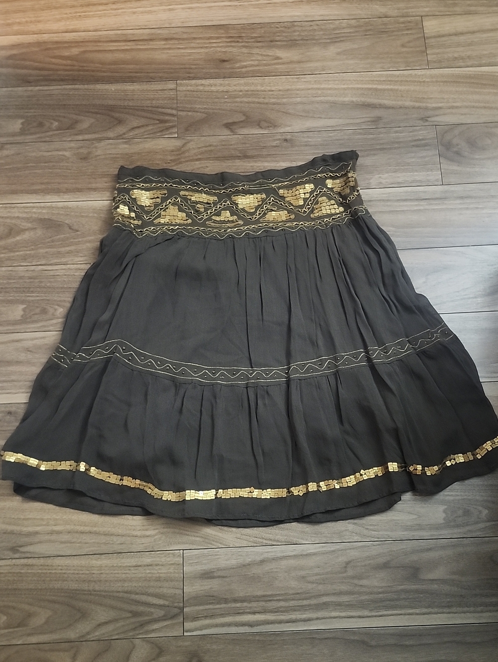 Costa Blamca Embellished  Boho Skirt Dark Olive Tone with Gold Trim